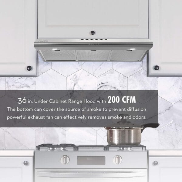 36-Inch Under Cabinet Range Hood, Ducted/Ductless Convertible, Stainless Steel Slim Kitchen Vent Hood with 3-Speed Exhaust Fan, LED Lights, and Reusable Filters