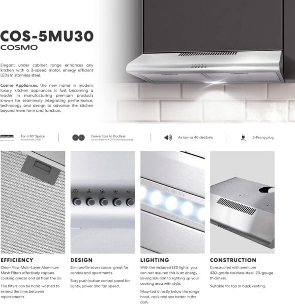Ducted Under Cabinet Range Hood, Stainless Steel