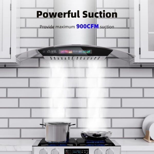 30-Inch Wall Mount Range Hood, 900 CFM, Tempered Glass & Stainless Steel, Voice/Gesture/Touch