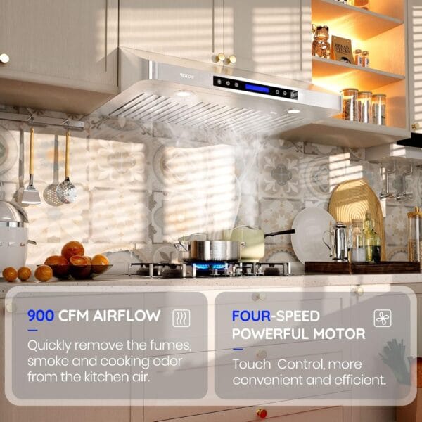 42-Inch Under-Cabinet Range Hood, 900 CFM, Stainless Steel Kitchen Vent, 4-Speed Touch Screen Control with Remote, LED Lights, Dishwasher-Safe Filters