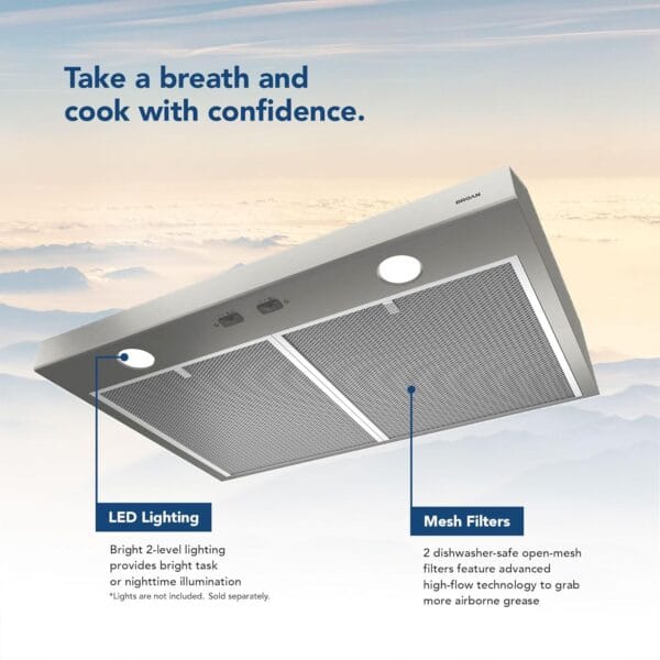 42-Inch Under-Cabinet Range Hood, 2-Speed Exhaust Fan, 4-Way Convertible Ventilation, Stainless Steel